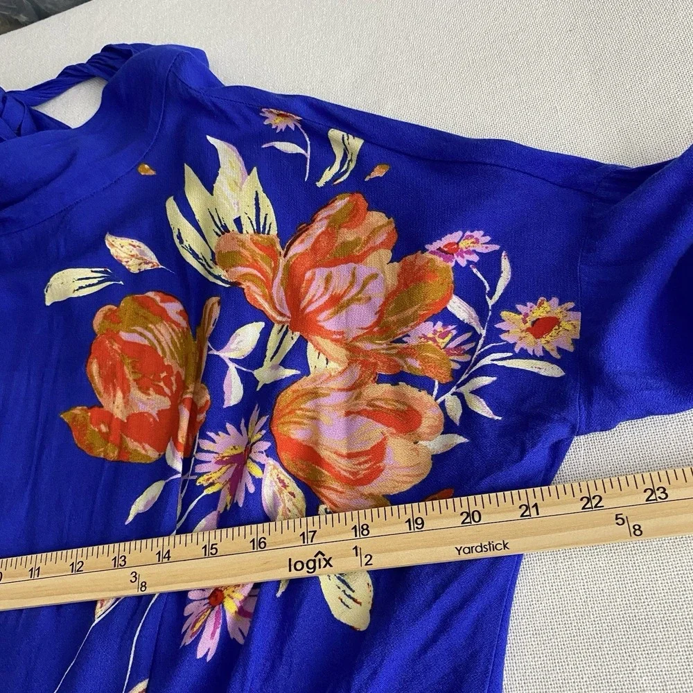 Free People Gemma Blue Floral Choker‎ Neck Cut Out Back Tunic Mini Dress Medium